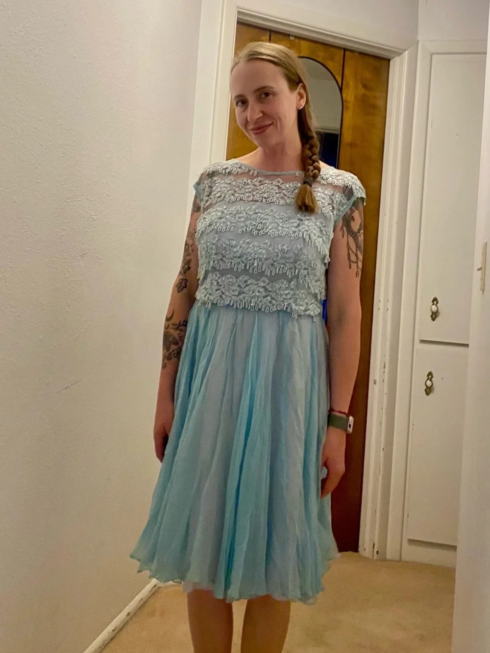 TRUE VINTAGE Miss ElliLight Blue Beaded Lace & Chiffon Fit-and-Flare Dress